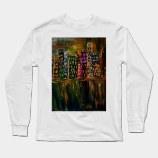 Abstract landscape painting of building reflecting in water . Painted acrylic paint and metallic paint. Long Sleeve T-Shirt